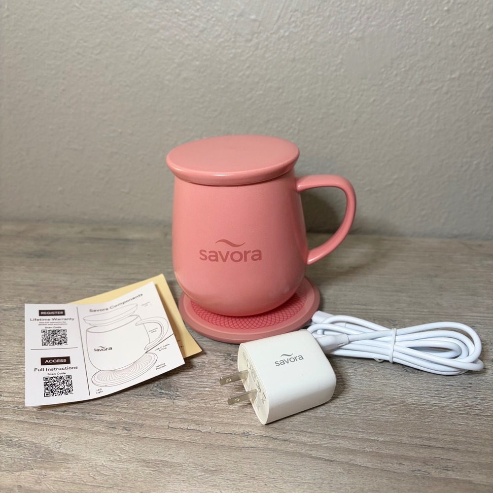 Savora Smart Mug Warmer Set Ceramic Pink Coffee Cup with Heating Pad and Lid